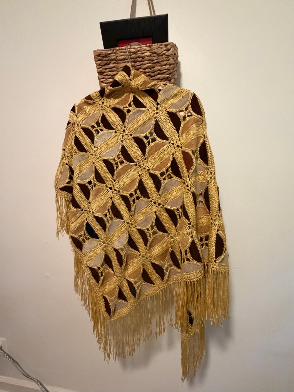 Vintage Handmade Fringe Poncho Shawl Genuine Suede & Leather Boho Western - Picture 2 of 6